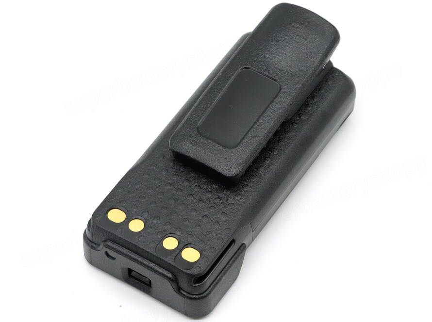 Rechargeable Motorola battery pack with belt clip. Provides extended talk time and portability for professional radio users.